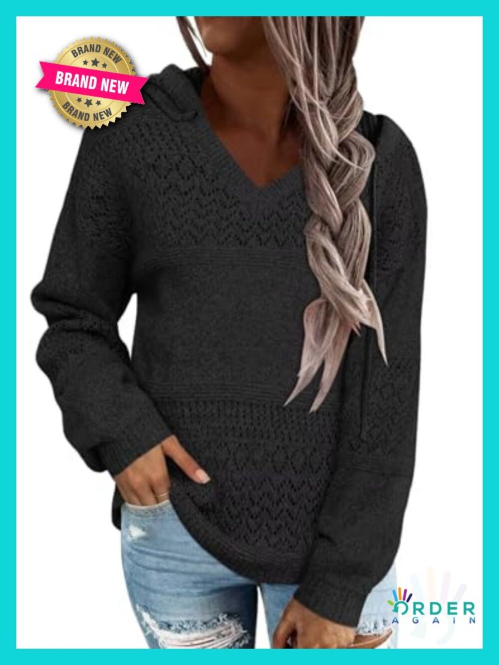 Women's Striped Color Block V Neck Knit Hoodie Sweater Long Sleeve